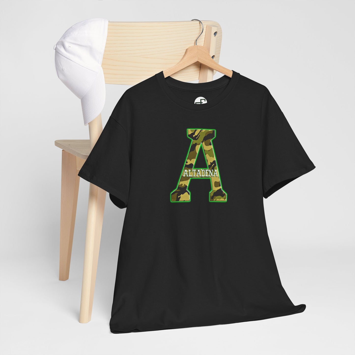 Altadena “A” Camouflage T-Shirt – Green & Gold Outline with Embedded City Name