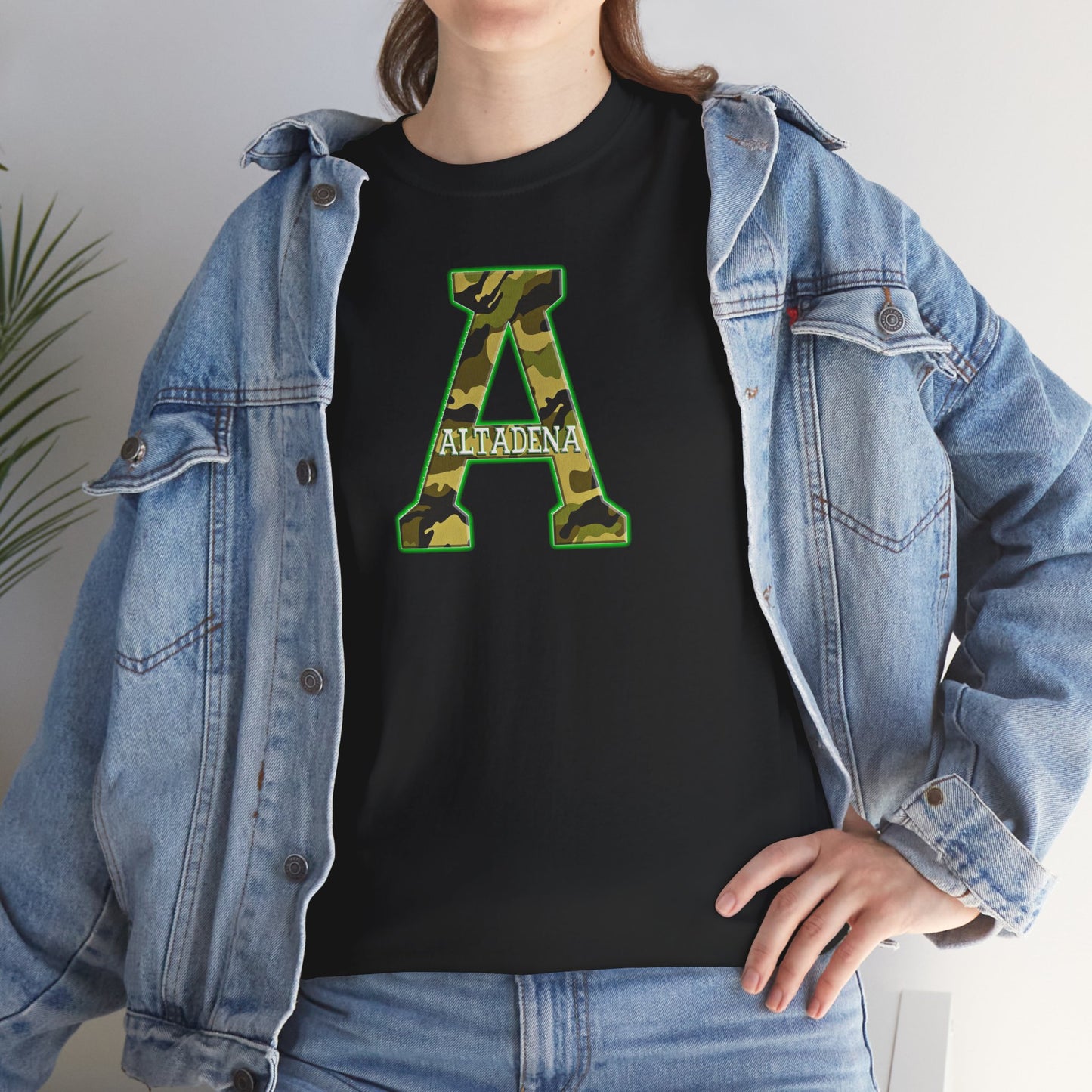 Altadena “A” Camouflage T-Shirt – Green & Gold Outline with Embedded City Name
