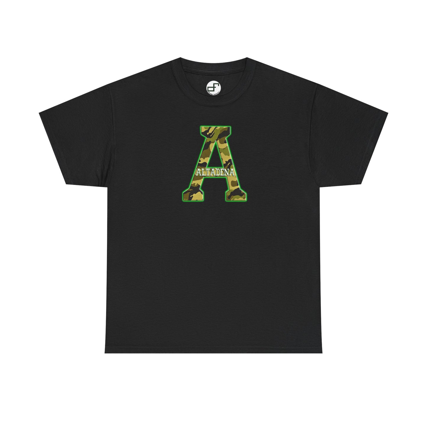 Altadena “A” Camouflage T-Shirt – Green & Gold Outline with Embedded City Name