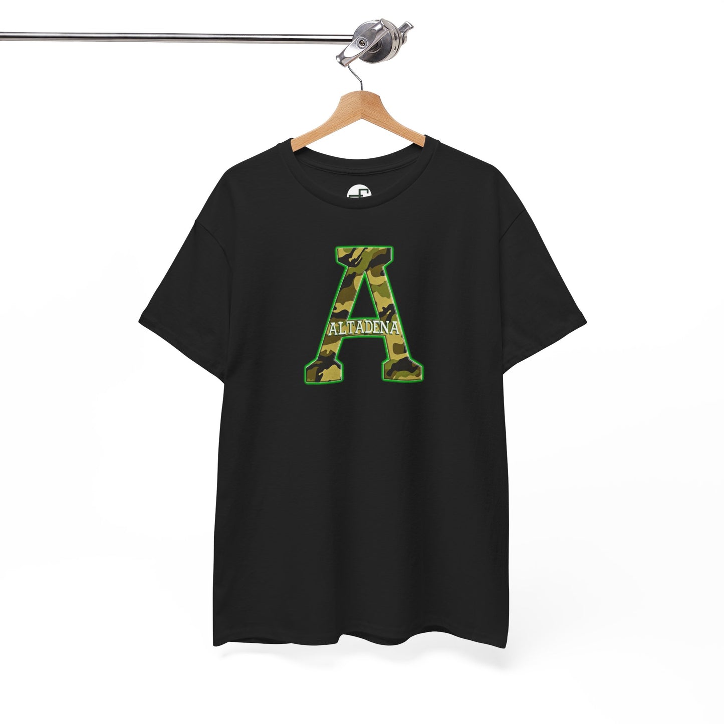 Altadena “A” Camouflage T-Shirt – Green & Gold Outline with Embedded City Name
