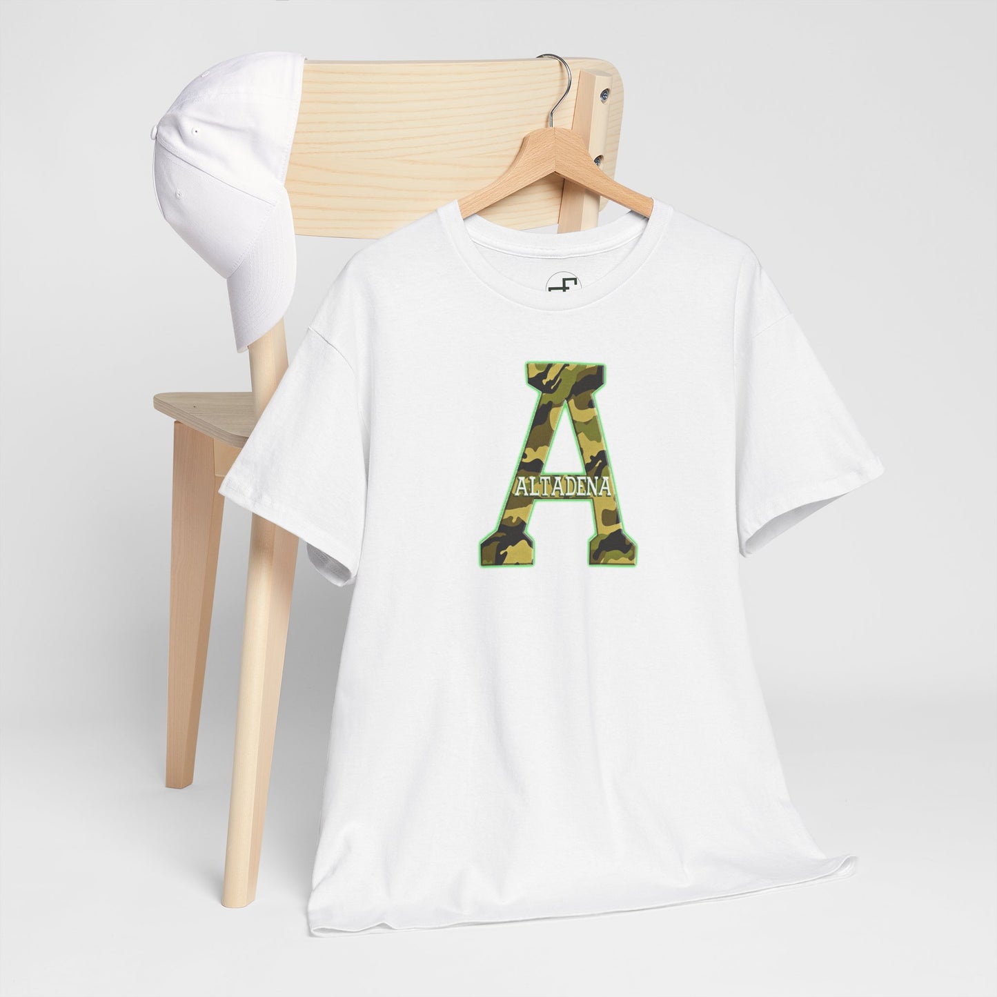 Altadena “A” Camouflage T-Shirt – Green & Gold Outline with Embedded City Name