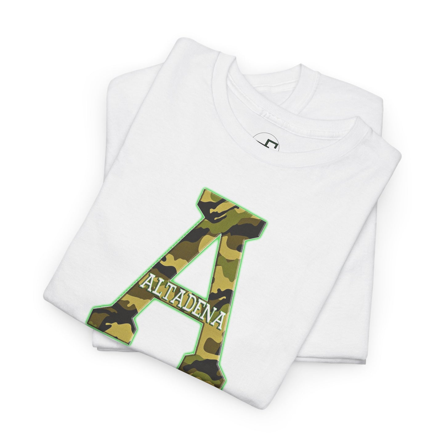 Altadena “A” Camouflage T-Shirt – Green & Gold Outline with Embedded City Name