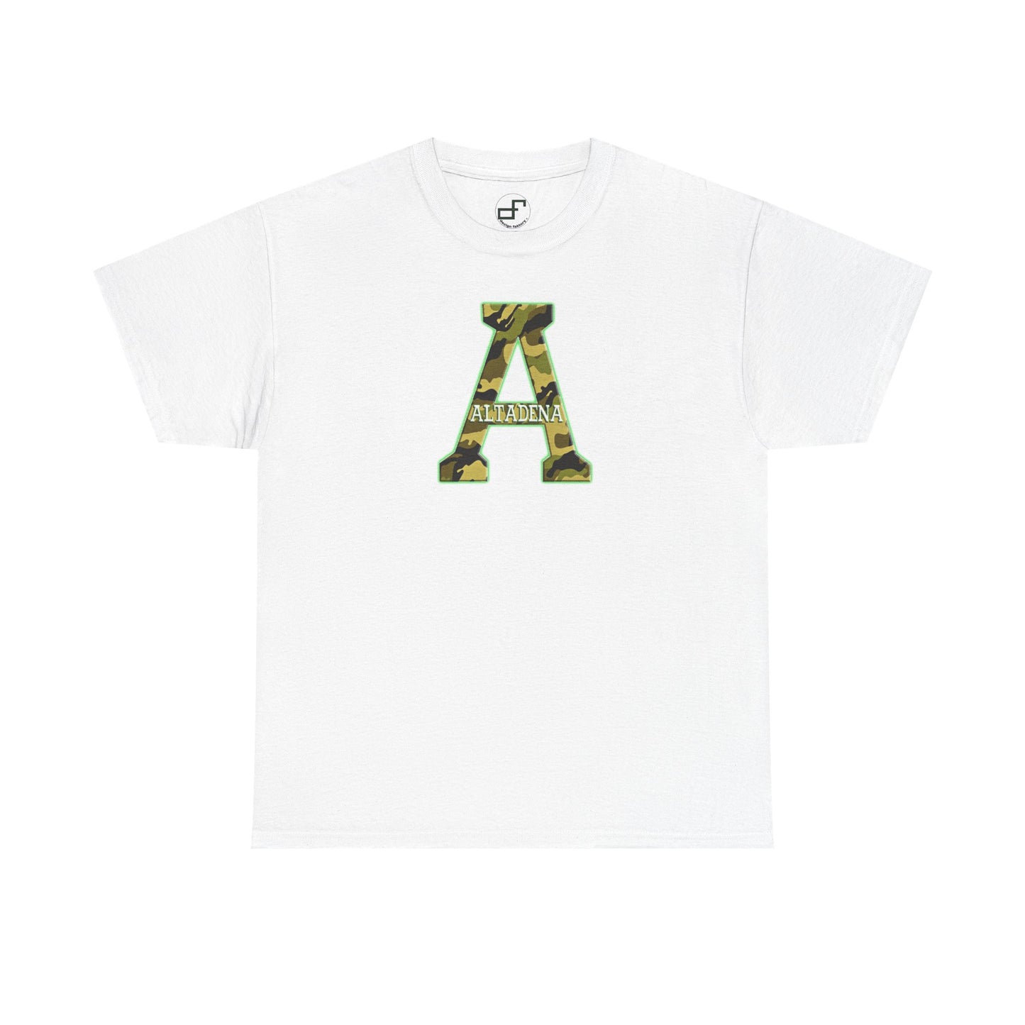 Altadena “A” Camouflage T-Shirt – Green & Gold Outline with Embedded City Name