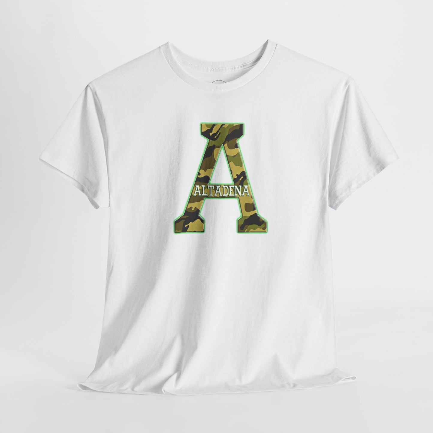 Altadena “A” Camouflage T-Shirt – Green & Gold Outline with Embedded City Name