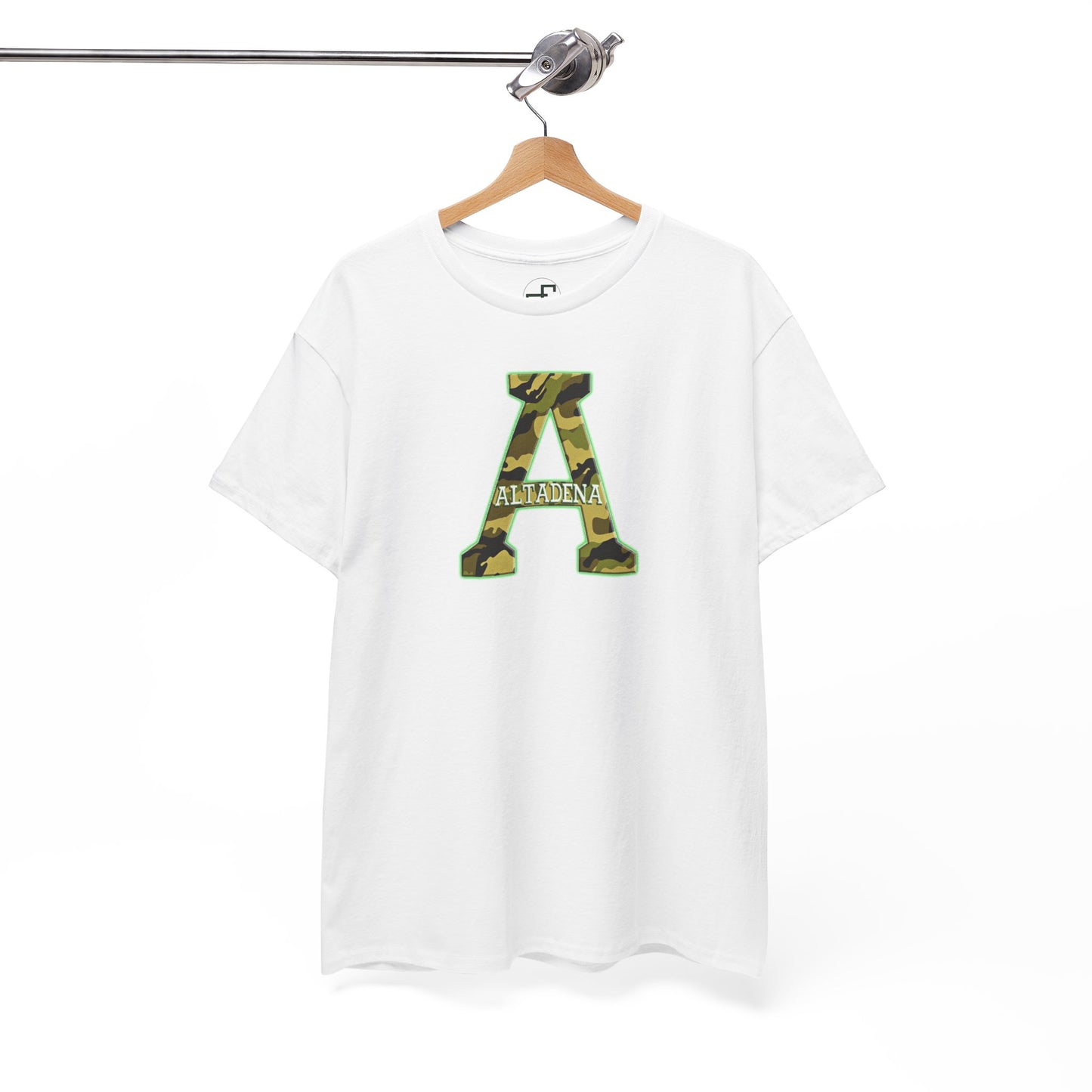 Altadena “A” Camouflage T-Shirt – Green & Gold Outline with Embedded City Name