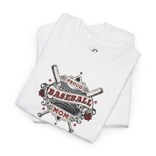 Proud Baseball Mom T-Shirt – Classic Bat & Banner Design