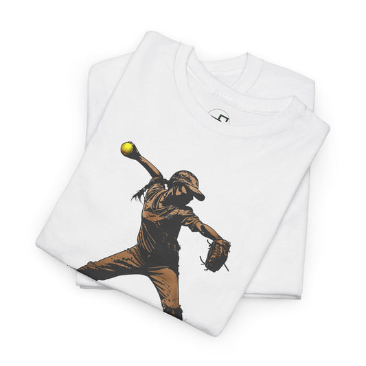 Retro Softball Player Tee - Vintage-Style Pencil Artwork, DTG Printed Softball T-Shirt, Gildan 5000, 5.3 oz Cotton Shirt for Sports Fans