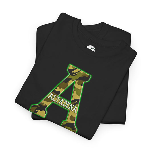 Altadena “A” Camouflage T-Shirt – Green & Gold Outline with Embedded City Name